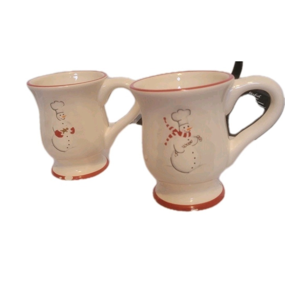 Williams Sonoma Discontinued Snowmen Chef Mug Set of 2 Red Apron Coffee Cups